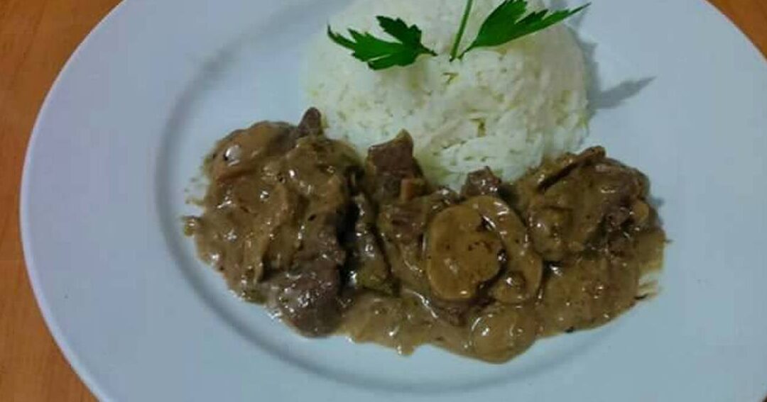 un plato de lomo strogonoff con arroz